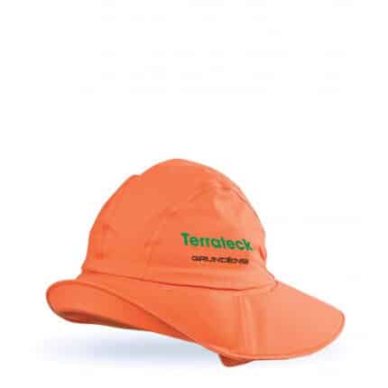 Cappello impermeabile da pioggia arancione con paraorecchie e sottogola