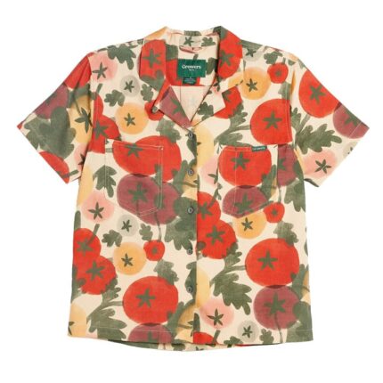 Camicia maniche corte taglio femminile, 2 tasche sul petto, motivo pomodori