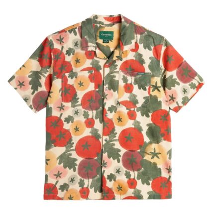 Camicia maniche corte taglio maschile, 2 tasche sul petto, motivo pomodori