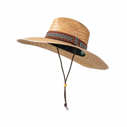Cappello di paglia a tesa larga con cordino e fascia