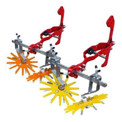 Struttura a trapezio con barra e ruote a "dita" in silicone gialle e arancio